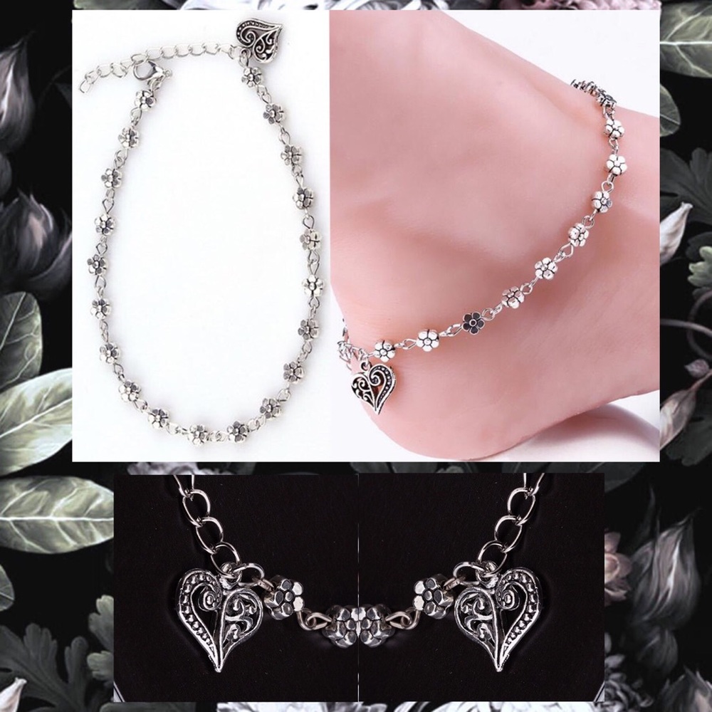 Rustic Silver Flower Chain Link Heart Charm Summer Boho Anklet Ankle Bracelet